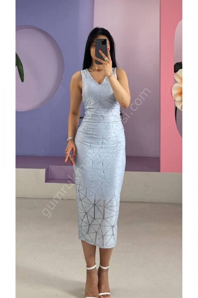 Geometrik Desenli Midi Mavi Elbise