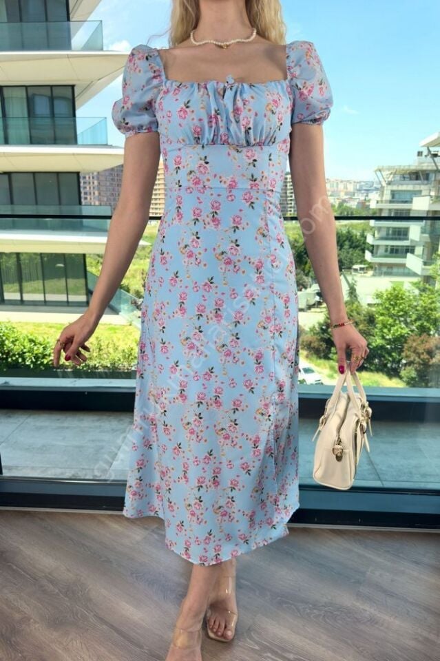 Sırt Fermuarlı Gül Desenli Zargül Elbise