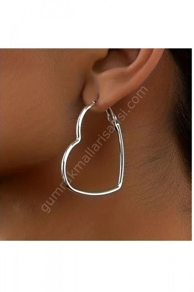 Gümüş Küpe Ince Halka Büyük Kalp Küpe
