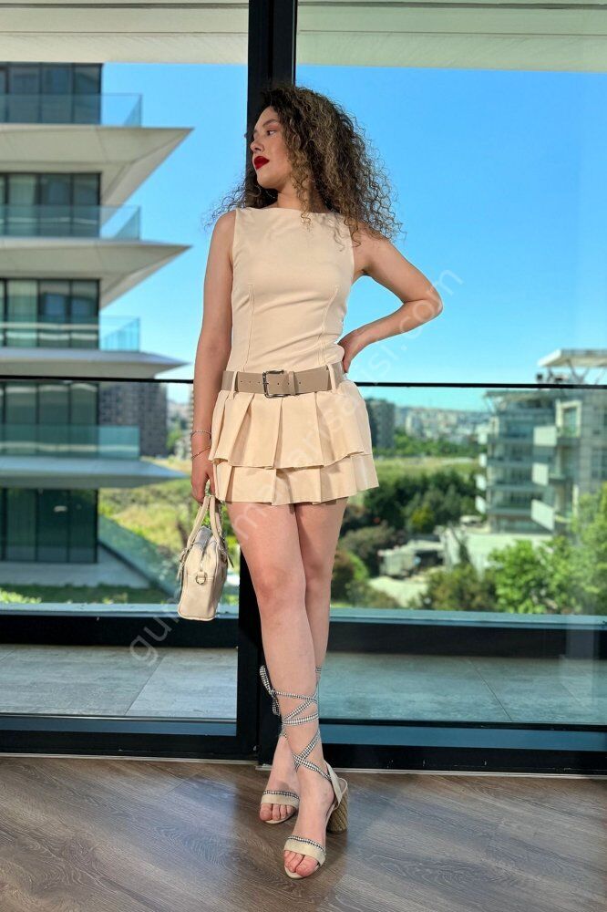 Fermuarlı Kemerli Fırfırlı Kefem Krem Elbise