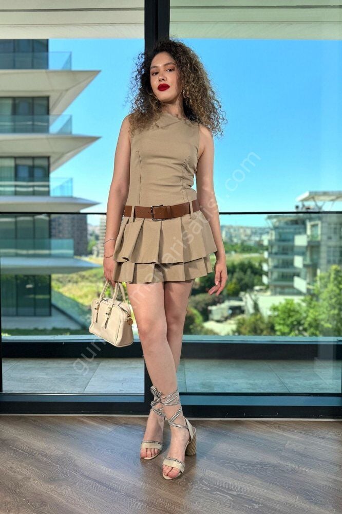 Fermuarlı Kemerli Fırfırlı Kefem Haki Elbise