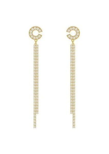 Uzun Püskül Tam Pırlanta C Harfi Küpe