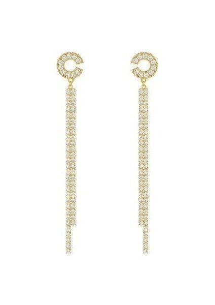 Uzun Püskül Tam Pırlanta C Harfi Küpe