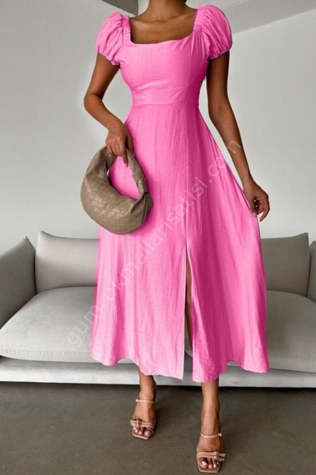 Yandan Fermuarlı Yırtmaçlı Ferma Pembe Elbise