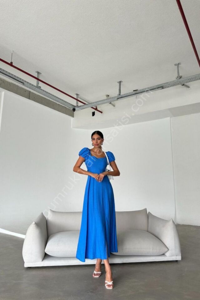 Yandan Fermuarlı Yırtmaçlı Ferma Mavi Elbise