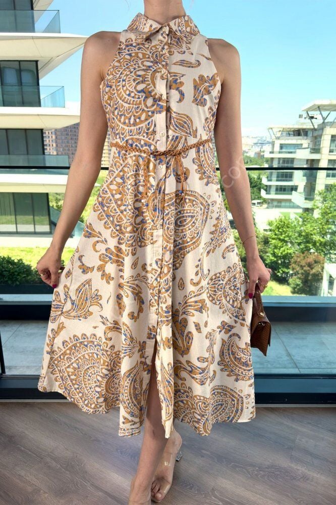 Keten Zarafeti Uzun Ketena Elbise