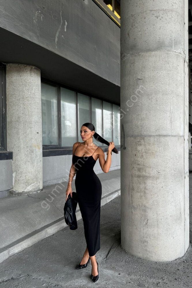 İpli Sandy Zarip Siyah Elbise