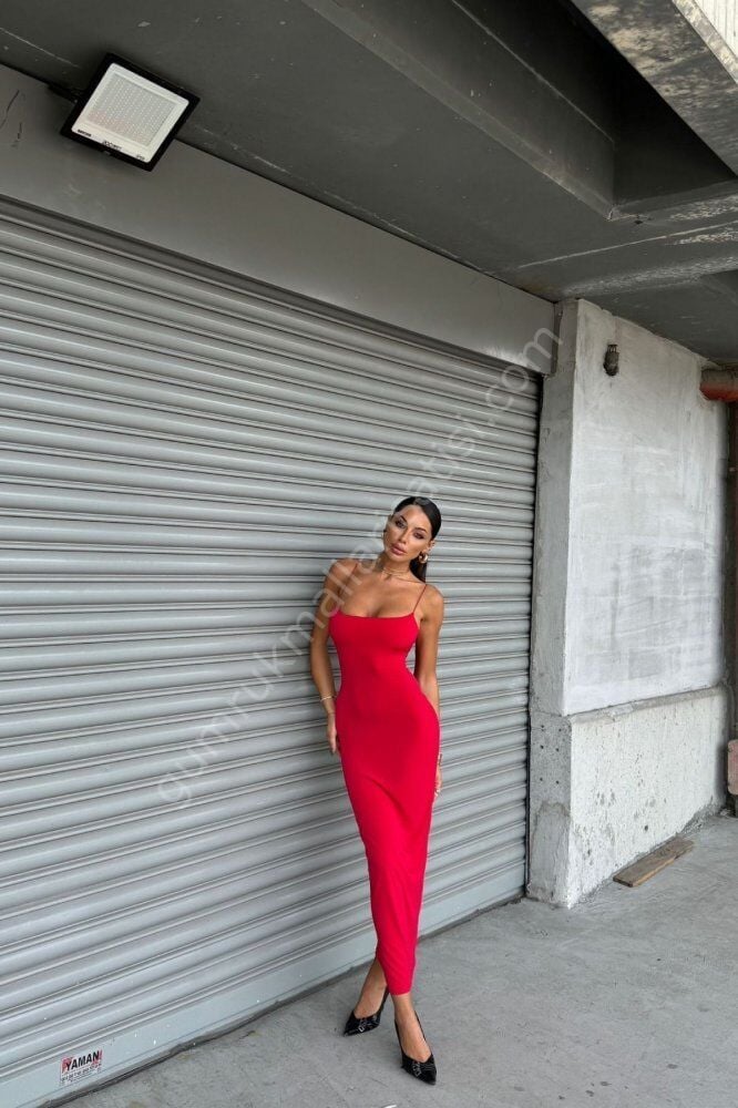 İpli Sandy Zarip Kırmızı Elbise