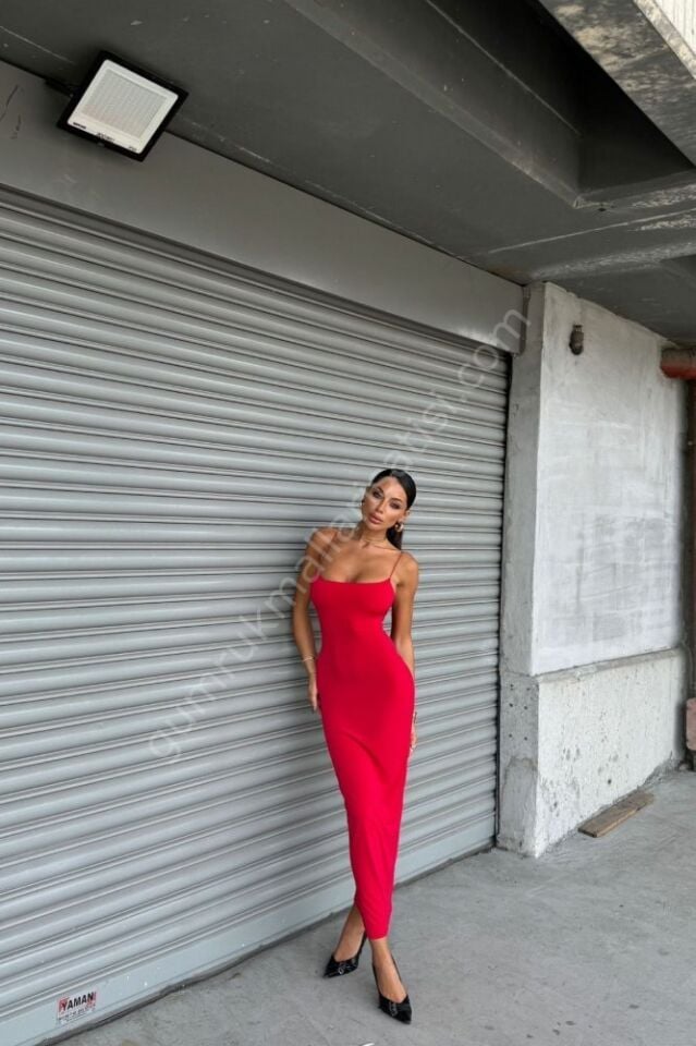 İpli Sandy Zarip Kırmızı Elbise