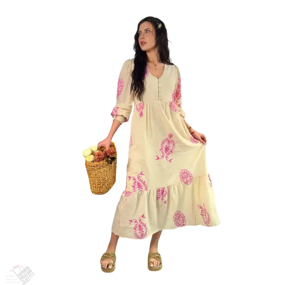 Çiçek Motifli Keten Zarçik Elbise