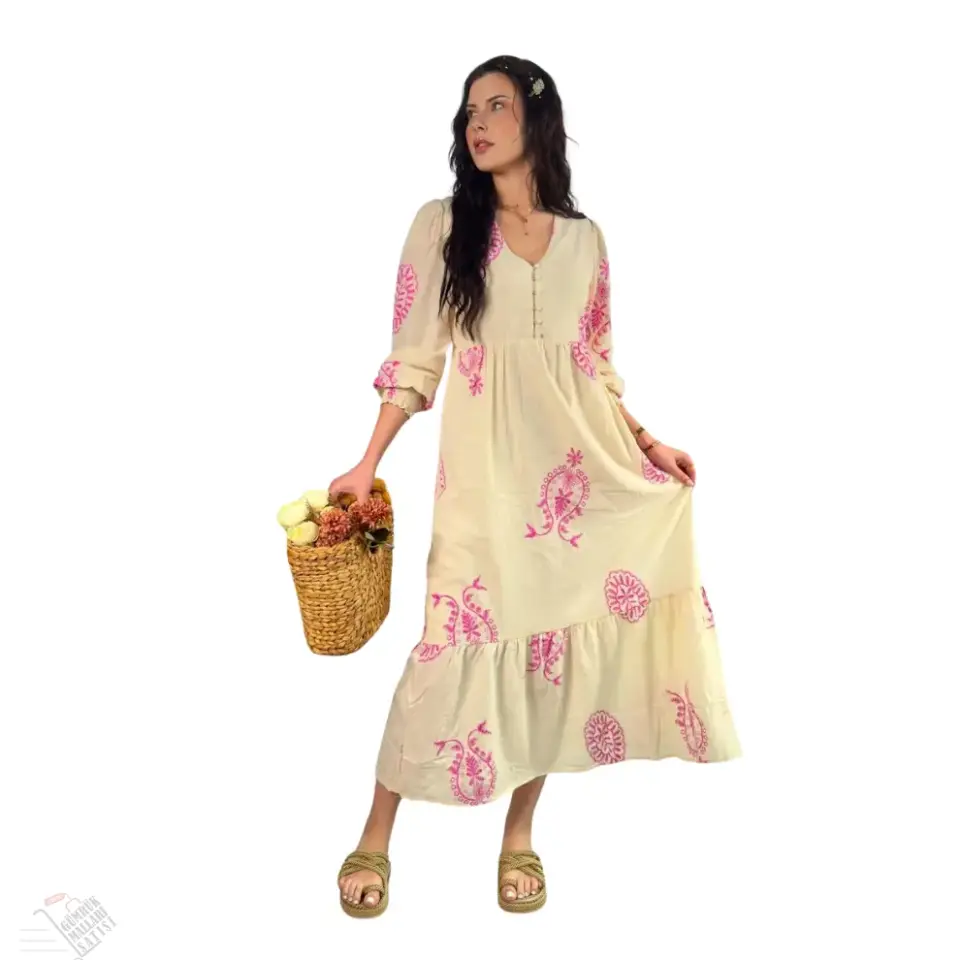 Çiçek Motifli Keten Zarçik Elbise