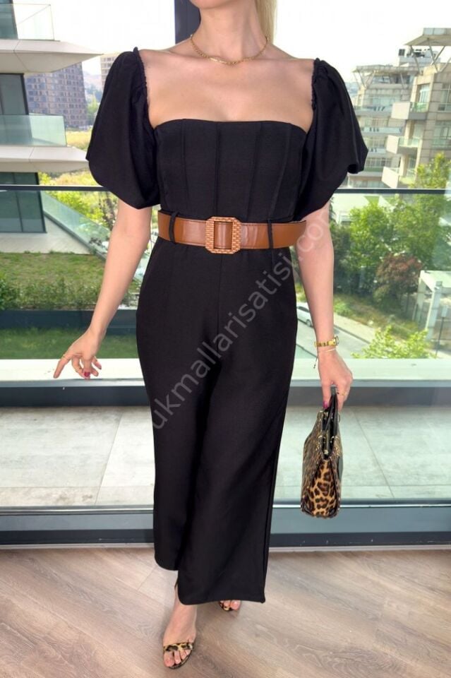 Kemerli Cepli Poliviskon Ceplon Siyah Elbise
