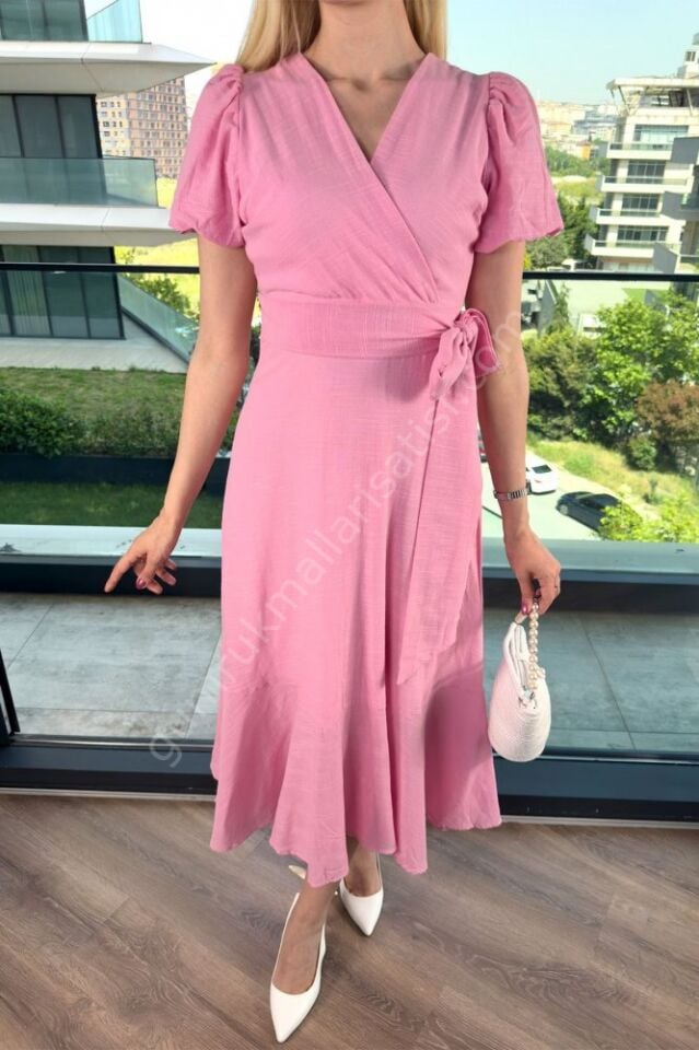 Balon Kollu Keten Balora Pembe Elbise