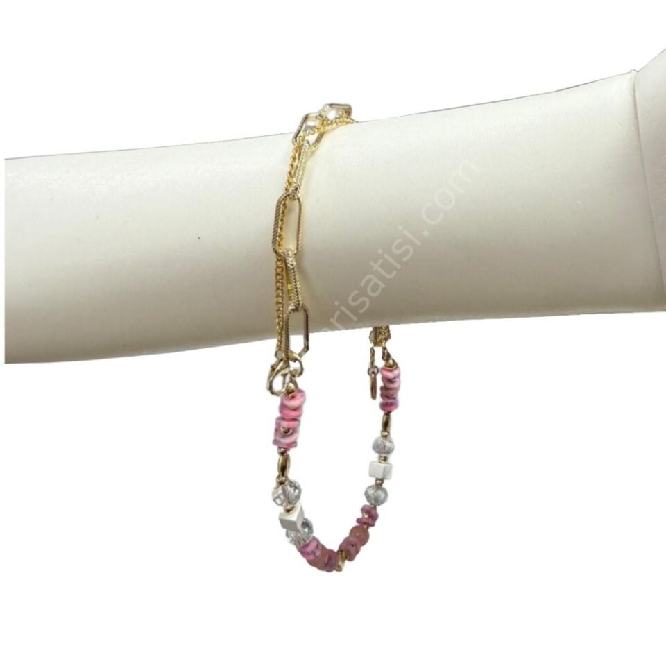 Multi Doğal İnci Taş 3 lü Gold Zincir Bileklik