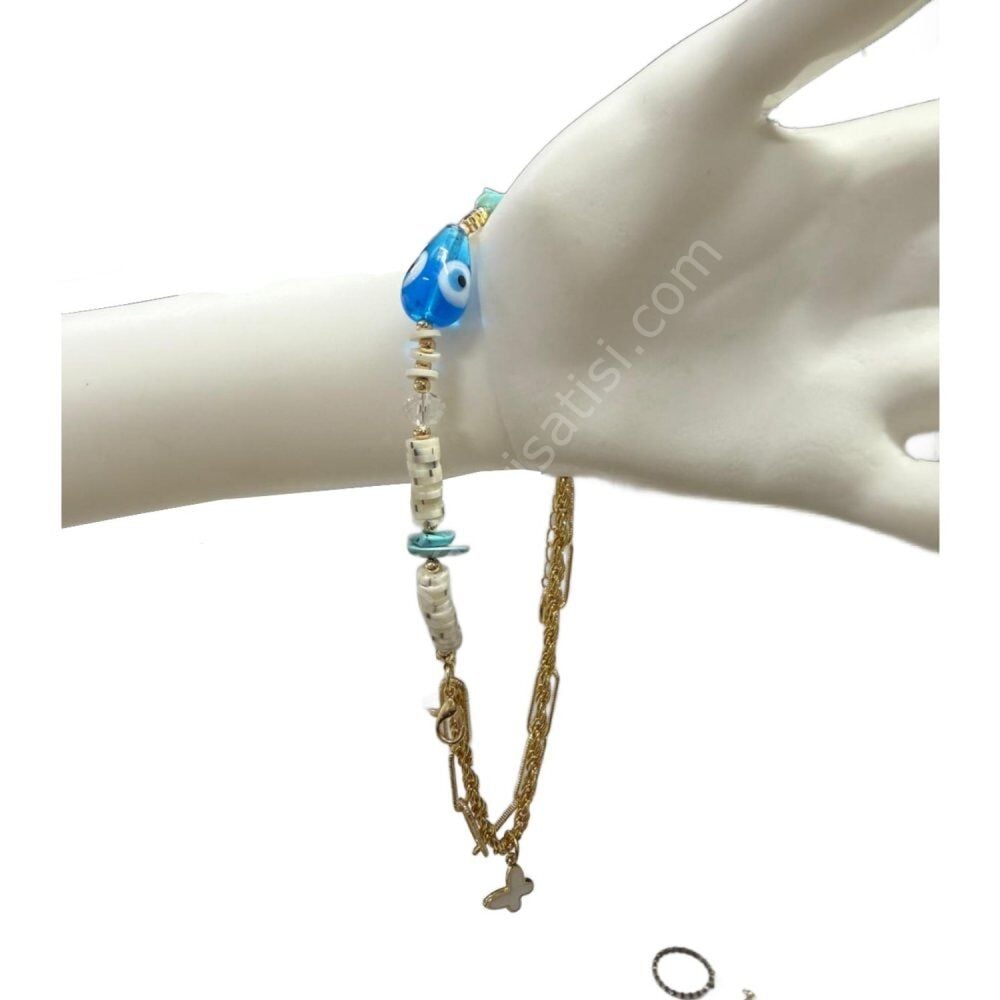 Pirinç Gold Renk Nazar Boncuklu Çoklu Bileklik