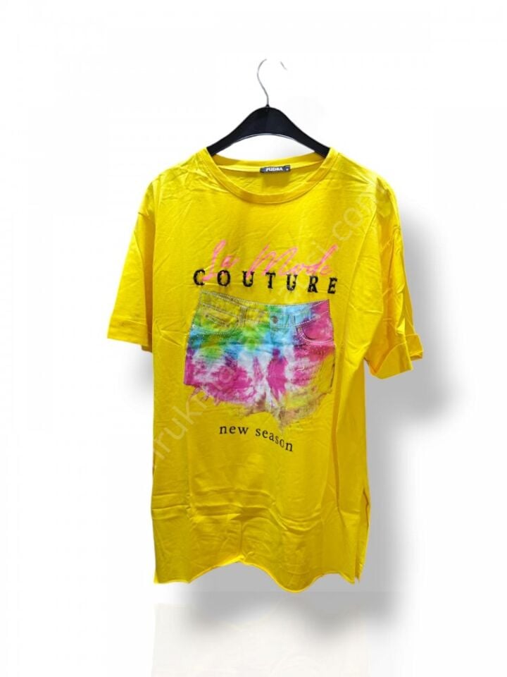 Pudra Sarı Renk Baskılı Kadın T-Shirt