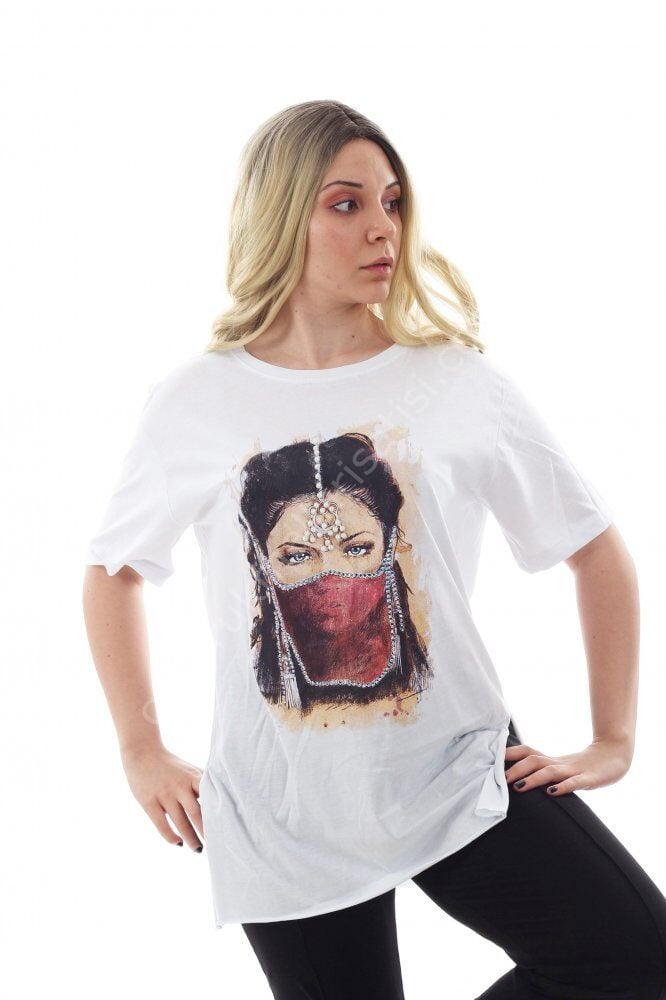 Beyaz Renk Taşlı Baskılı Kadın Tunik