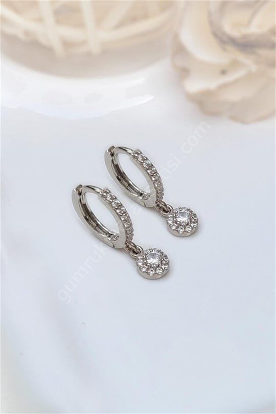 Zirkon Taşlı Halka Detaylı Gümüş Çelik Tekli Küpe