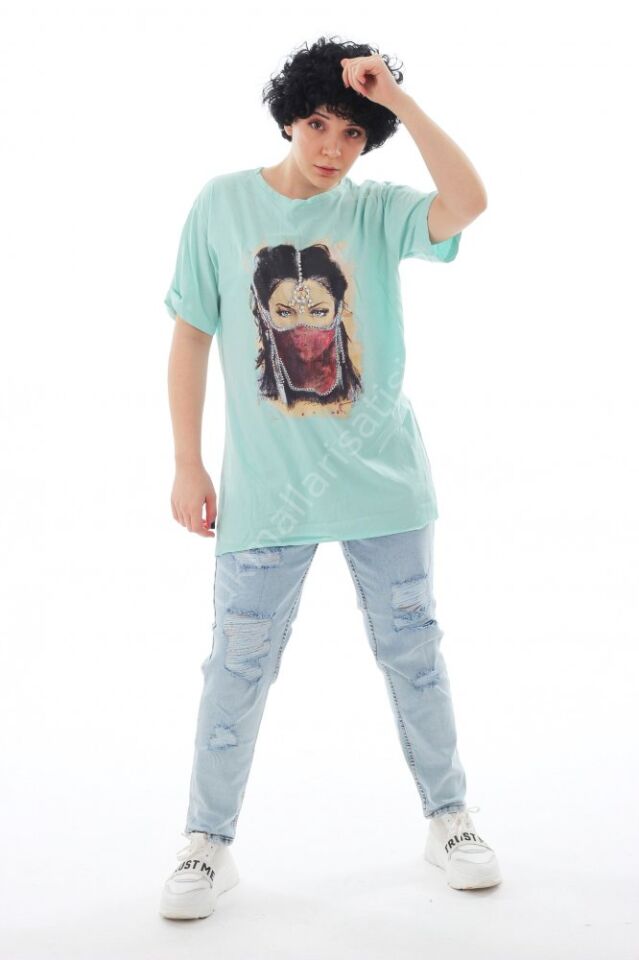 Mint Yeşili Taşlı Baskılı Kadın Tunik S