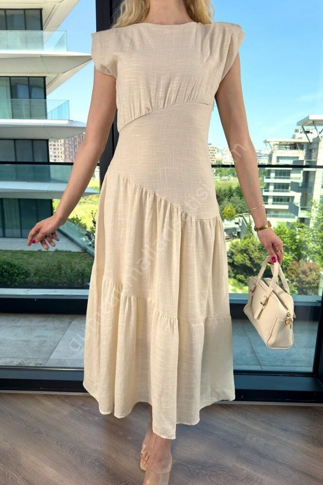 Omuz Vatkalı Keten Vatlen Krem Elbise