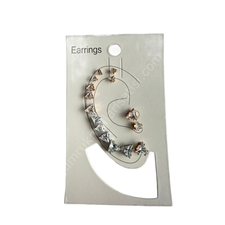 Altın ve Gümüş Kaplama Üçgen Taşlı Ear Cuff Küpe Seti