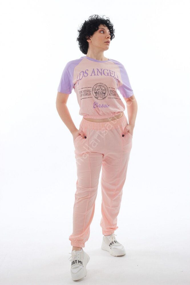 Pudra Lila Renk Baskılı T-Shirt