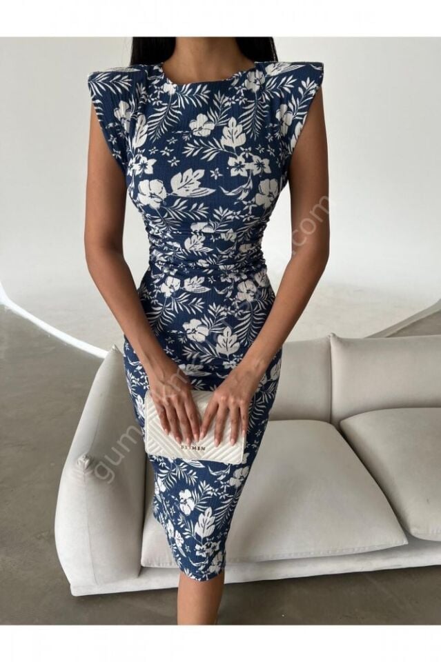 Büzgülü Çiçek Desenli Zarçi Mavi Elbise