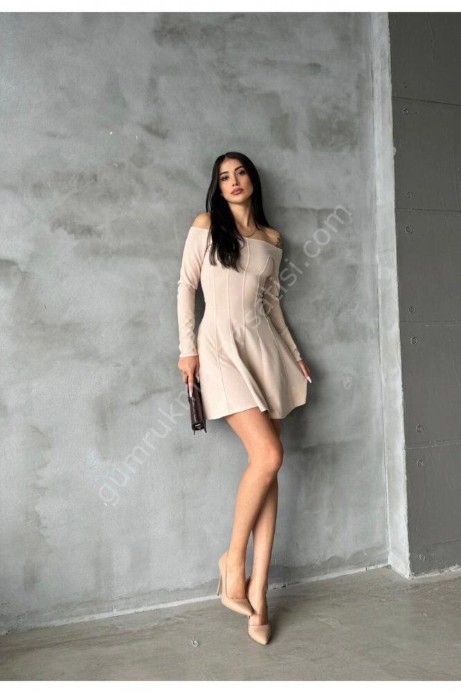 Çizgi Detaylı Krep Örmep Krem Elbise