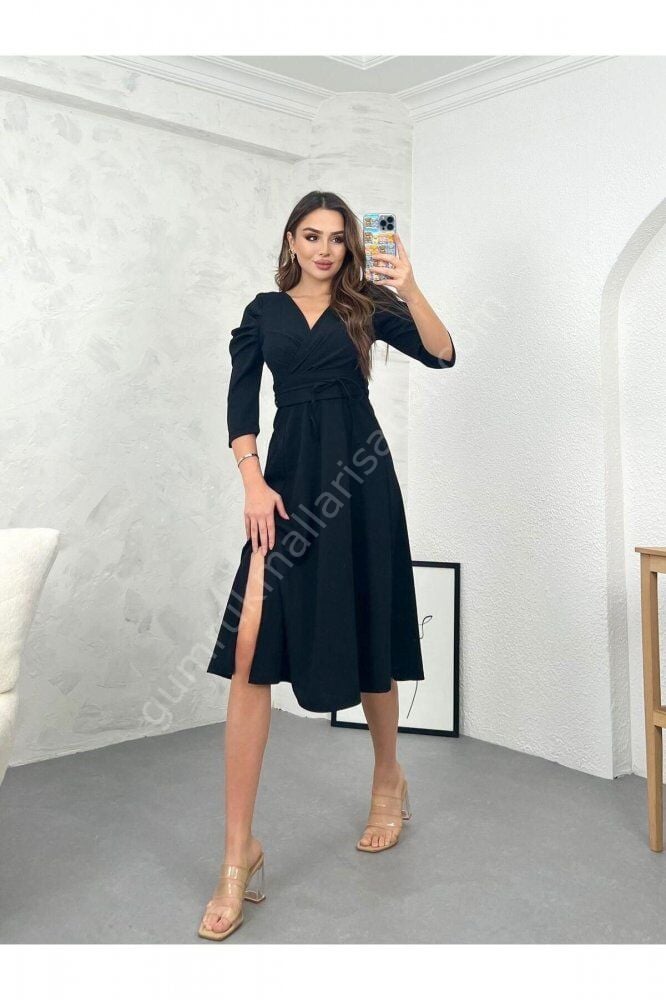 Kruvaze Bağlamalı Crep Klabag Siyah Elbise