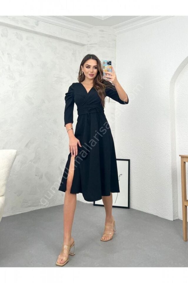 Kruvaze Bağlamalı Crep Klabag Siyah Elbise