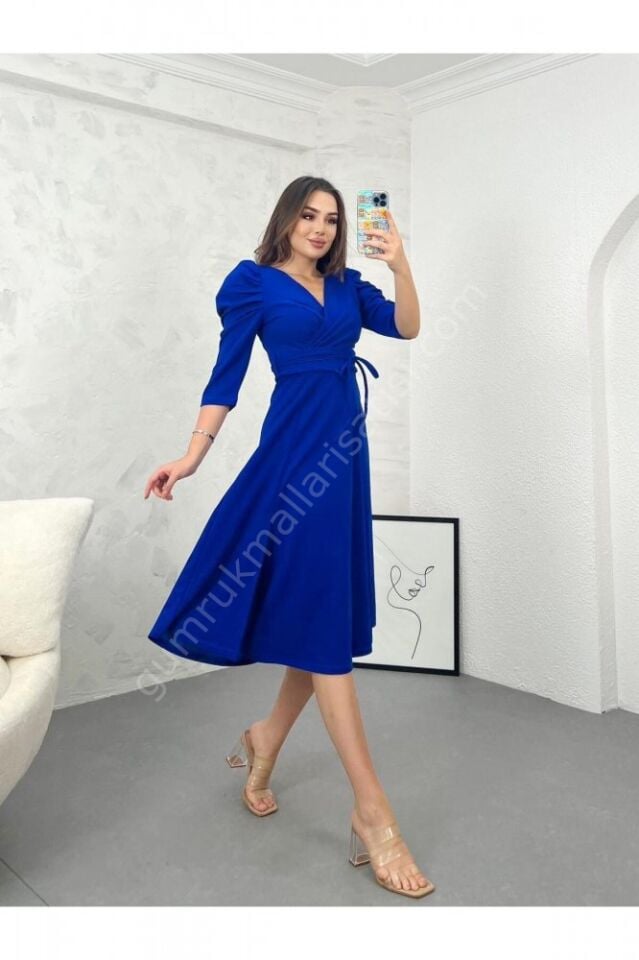 Kruvaze Bağlamalı Crep Klabag Saks Mavi Elbise