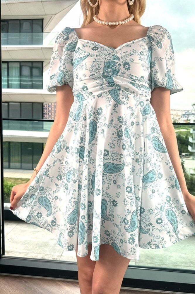 Prenses Yaka Çiçek Desenli Mini Mavi Elbise