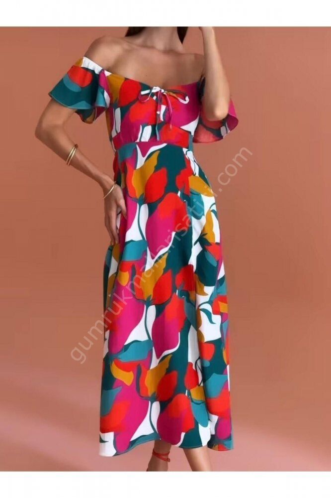 Renkli Yırtmaçlı Uzun Gündes Elbise