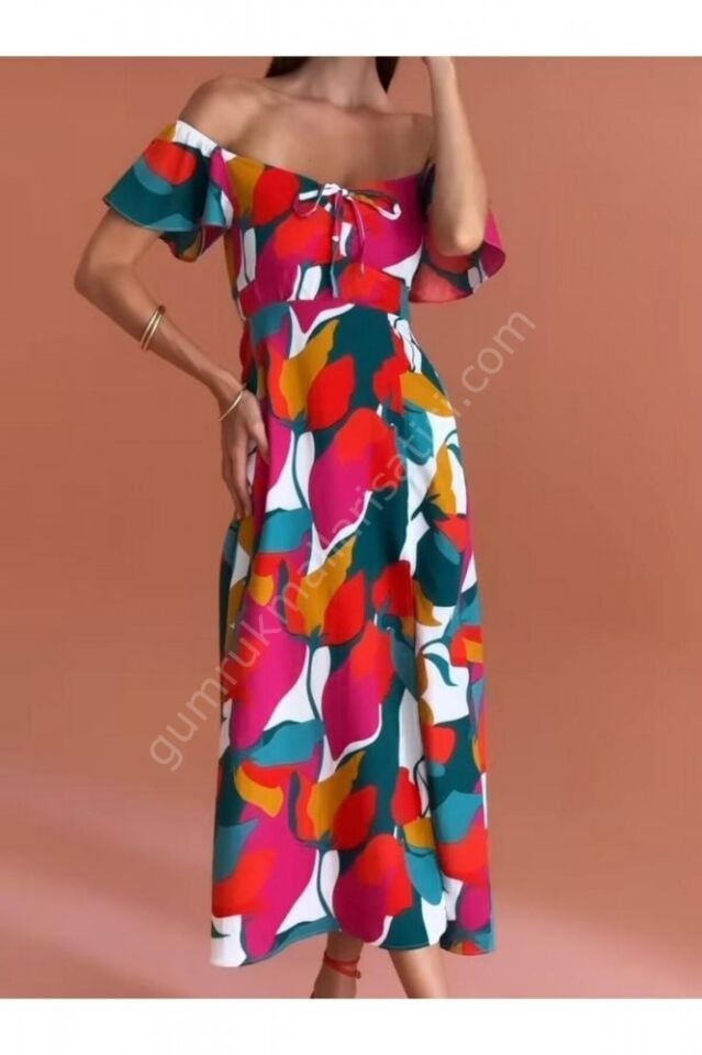 Renkli Yırtmaçlı Uzun Gündes Elbise