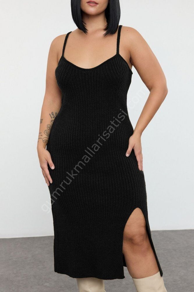 Fitilli Yırtmaçlı Midi Boy Triko Elbise