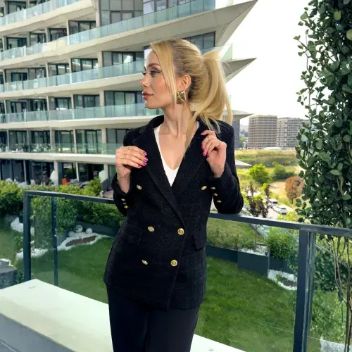 Gold Düğmeli Kruvaze Tüvit Zargold Siyah Ceket