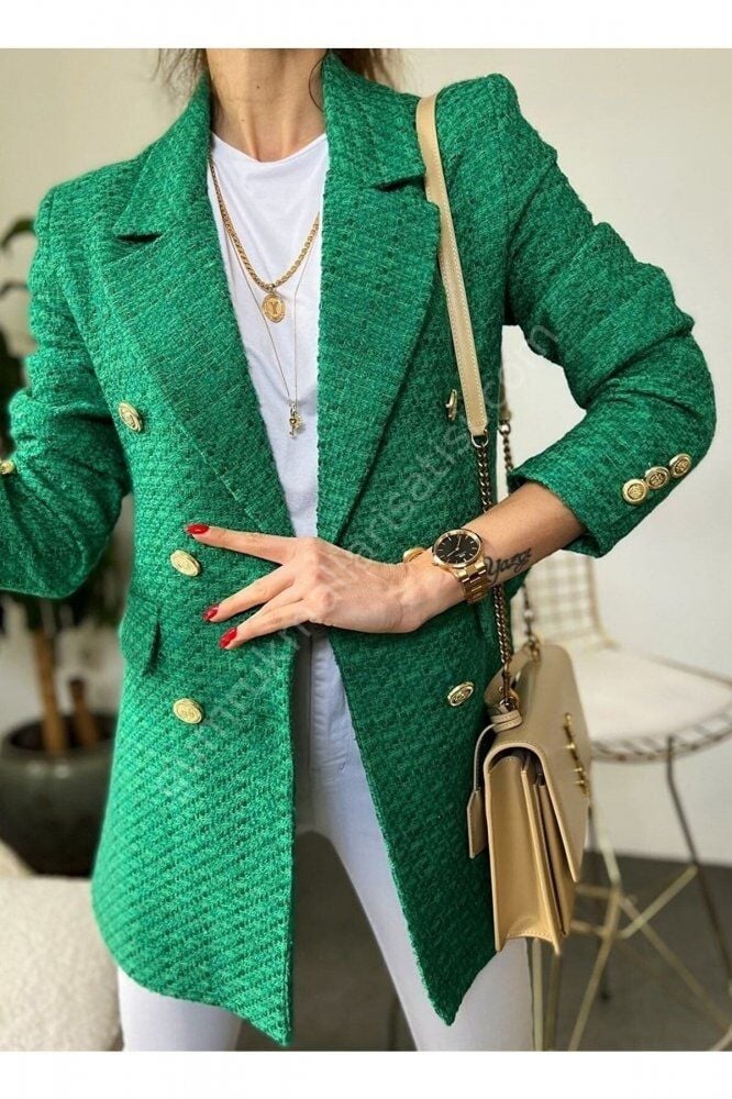 Gold Düğmeli Kruvaze Tüvit Zargold Yeşil Ceket