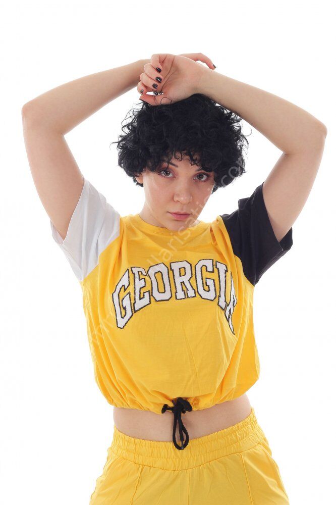 Georgia Nakışlı Önden Bağlamalı Sarı Kadın T-Shirt XL