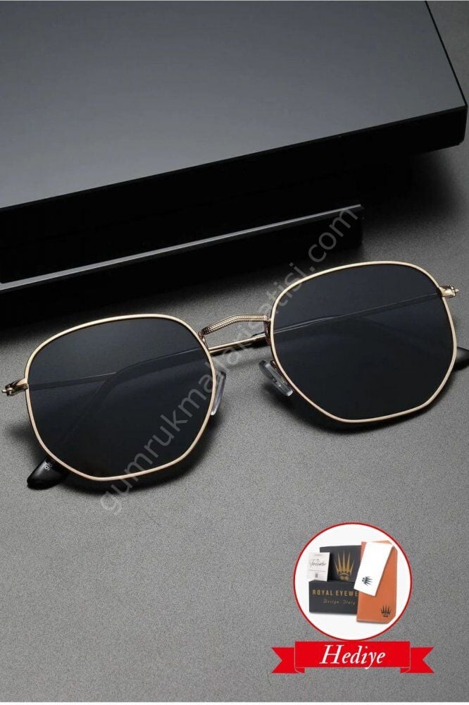 Gold Metal Çerçeveli Beşgen Unisex Güneş Gözlüğü