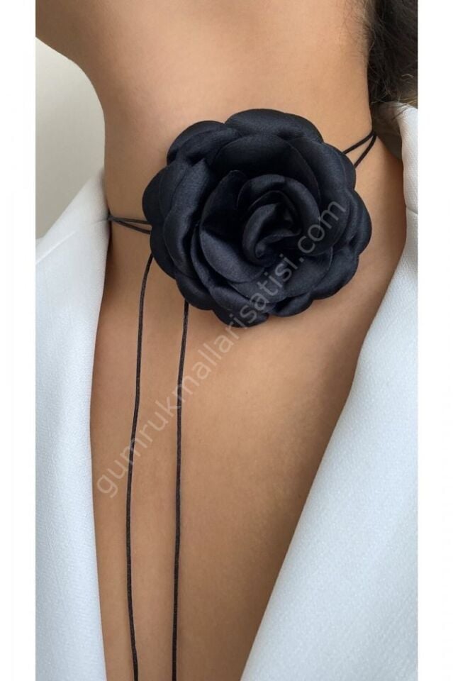 Bağcıklı Kumaş Çiçek Choker Kolye Gül Kolye