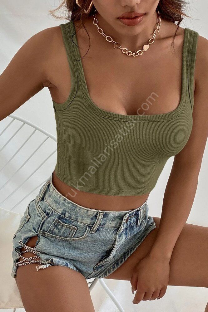 Kadın Yarım Kol Düz Yaka Yeşil Crop Top Bluz