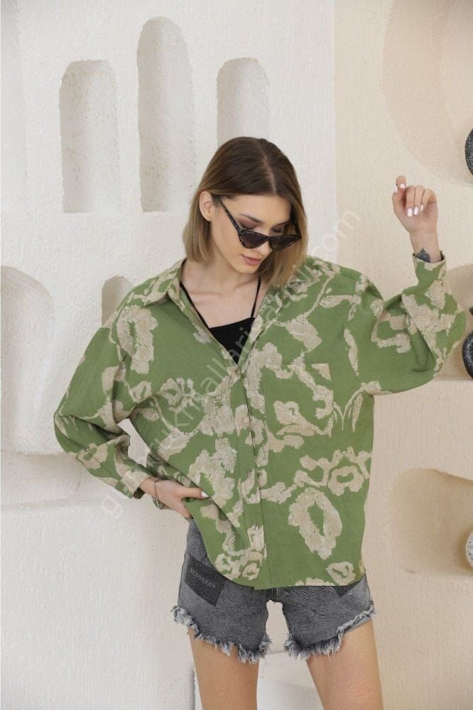 Desenli Renkli Oversize Modrenk Yeşil Gömlek