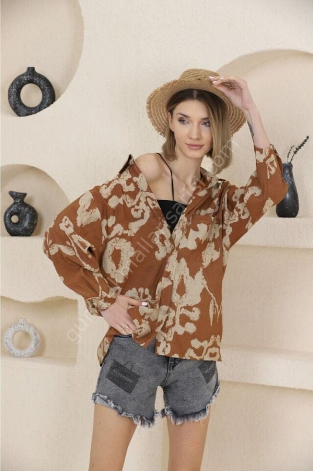 Desenli Renkli Oversize Modrenk Kahverengi Gömlek