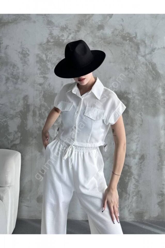 Beyaz Gömlek Crop Palazzo Pantolon