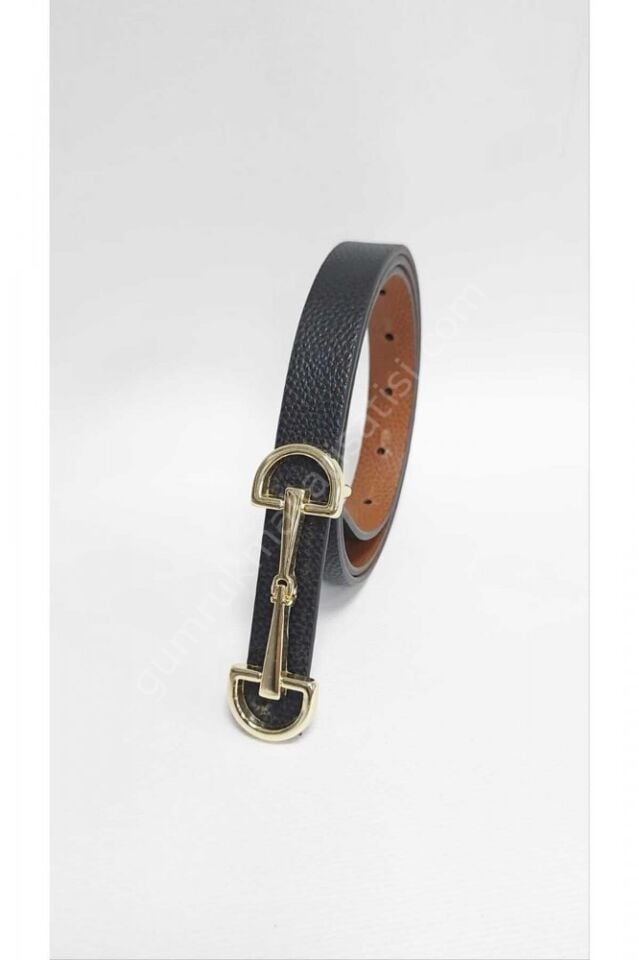 Çift Yönlü Gold Tokalı Siyah İnce Kemer