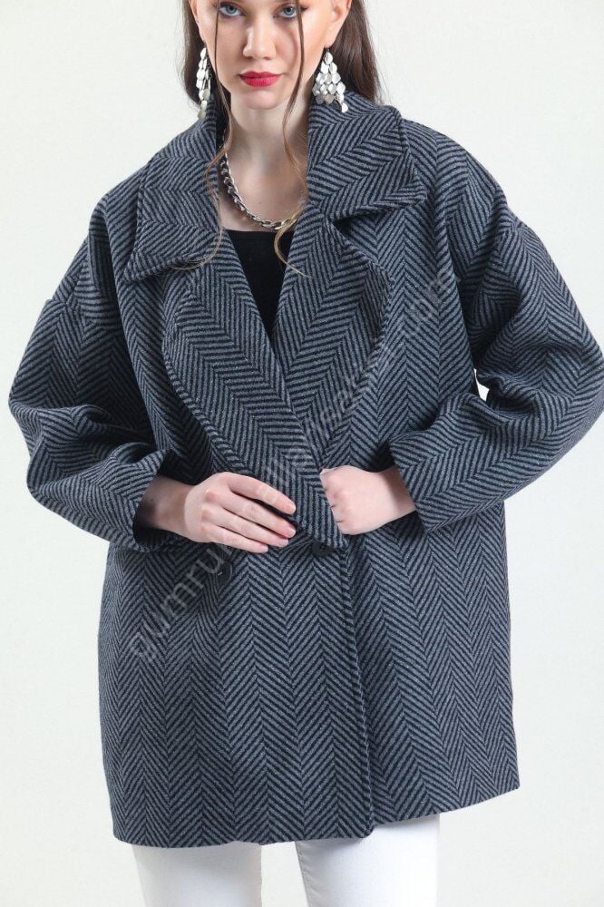 Balık Sırtı Oversize Kaşe Siyah Gri Kaban