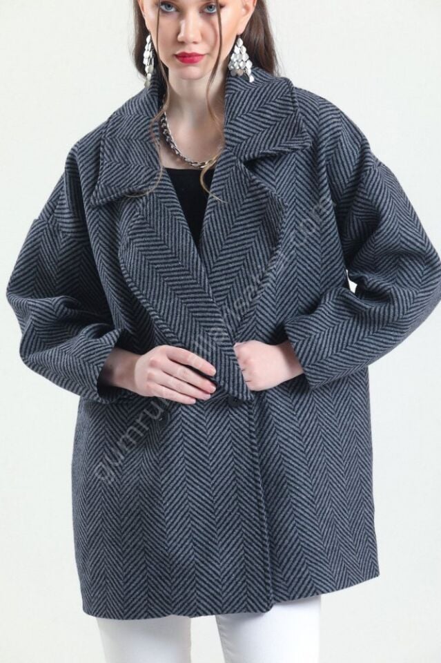 Balık Sırtı Oversize Kaşe Siyah Gri Kaban