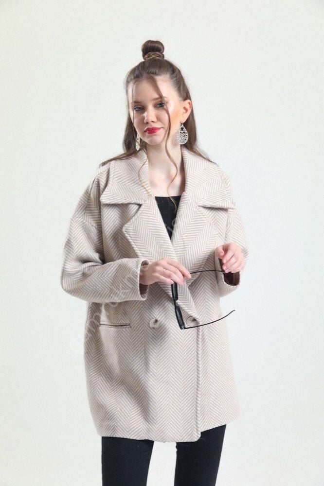 Balık Sırtı Oversize Kaşe Camel Kaban