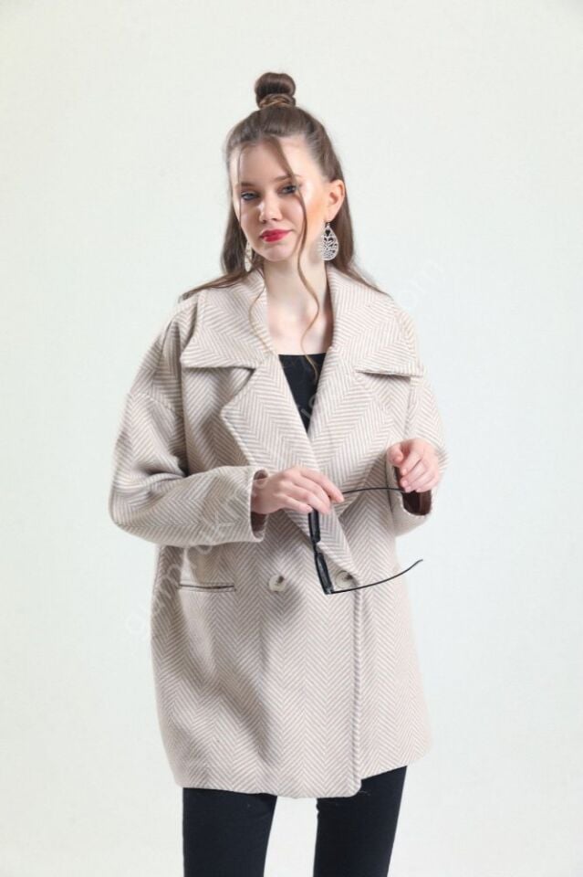 Balık Sırtı Oversize Kaşe Camel Kaban