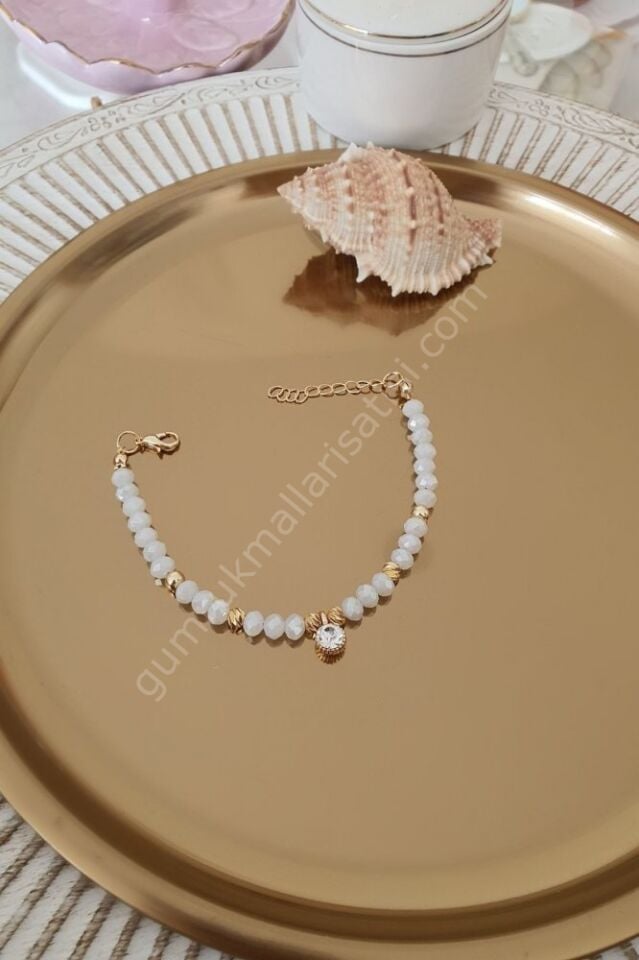 Beyaz Kristal Boncuklu Tektaş Sallantılı Bileklik